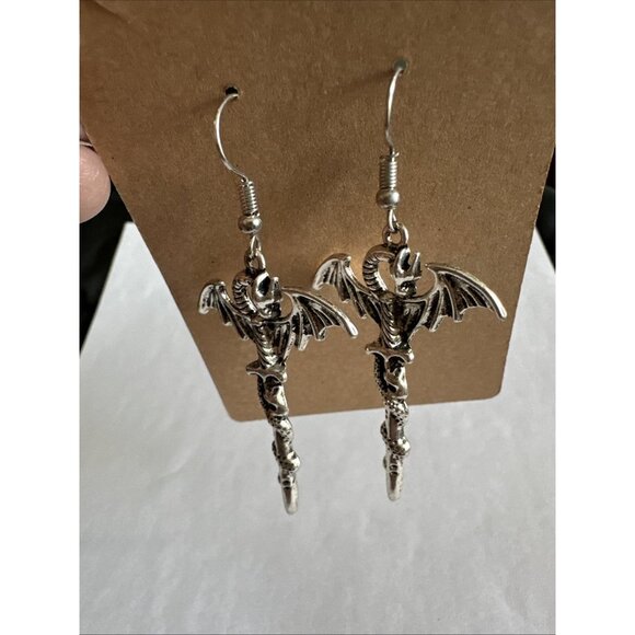 Dragon Sword Silver Tone Gothic Dangle Pierced Earrings 2.5” - Picture 12 of 12